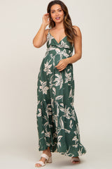 Forest Green Floral Front Twist Maternity Maxi Dress