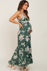 Forest Green Floral Front Twist Maternity Maxi Dress