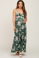 Forest Green Floral Front Twist Maternity Maxi Dress