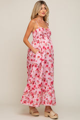 Pink Floral Lace-Up Front Smocked Maternity Maxi Dress