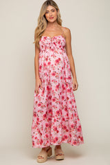 Pink Floral Lace-Up Front Smocked Maternity Maxi Dress