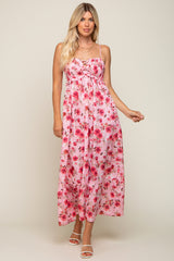 Pink Floral Lace-Up Front Smocked Maternity Maxi Dress