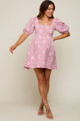 Pink Floral Textured Square Neck Maternity Babydoll Dress