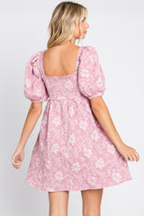 Pink Floral Textured Square Neck Babydoll Dress