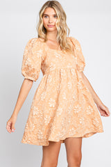 Peach Satin Floral Textured Square Neck Babydoll Dress