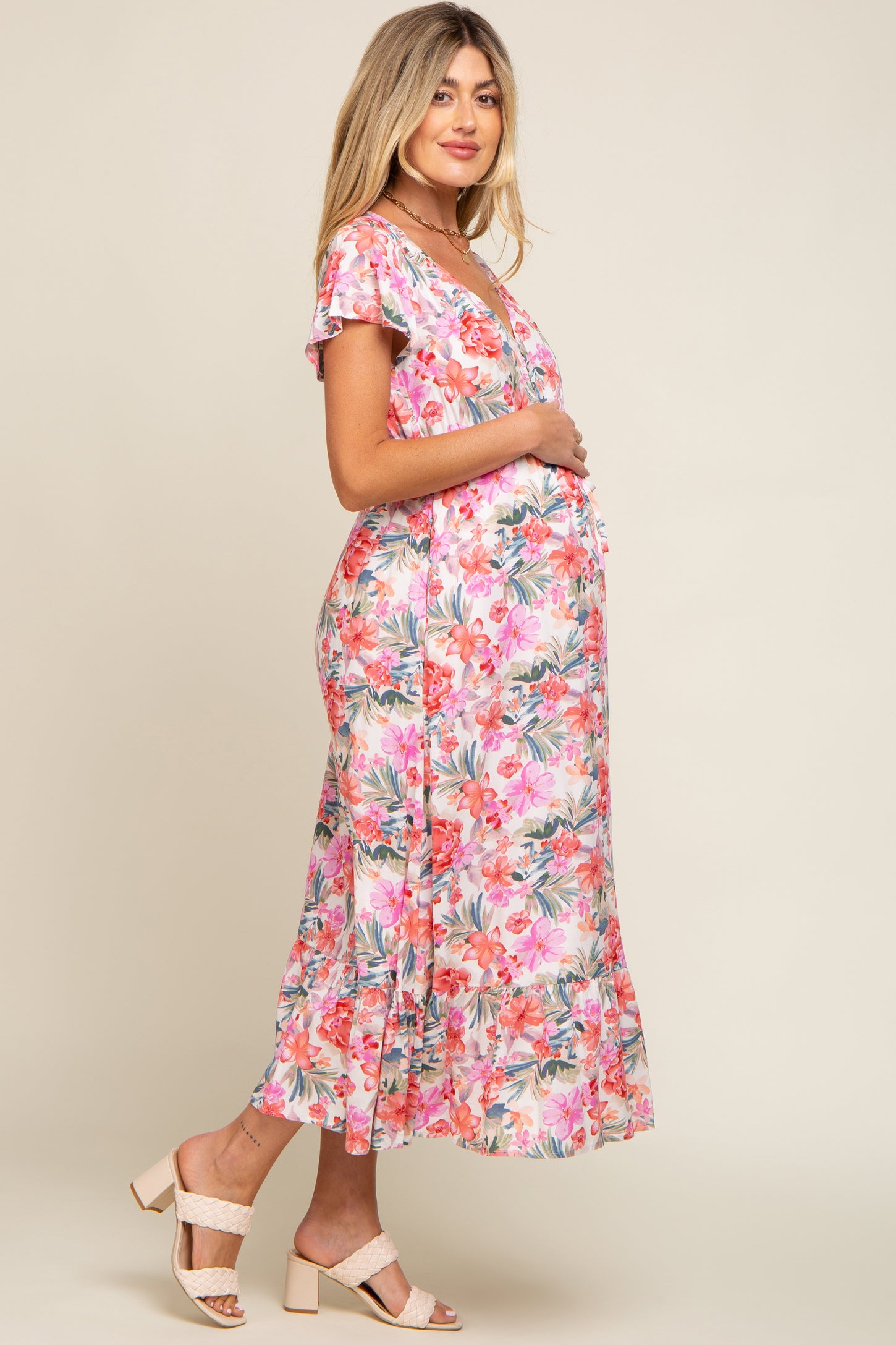 Ivory Multi-Color Floral Maternity Maxi Dress
