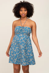 Blue Floral Halter Front Cinch Dress