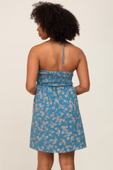 Blue Floral Halter Front Cinch Dress