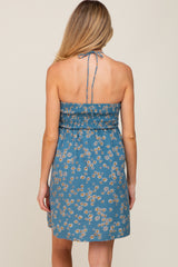 Blue Floral Halter Front Cinch Maternity Dress