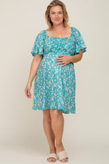 Teal Floral Smocked Maternity Plus Dress