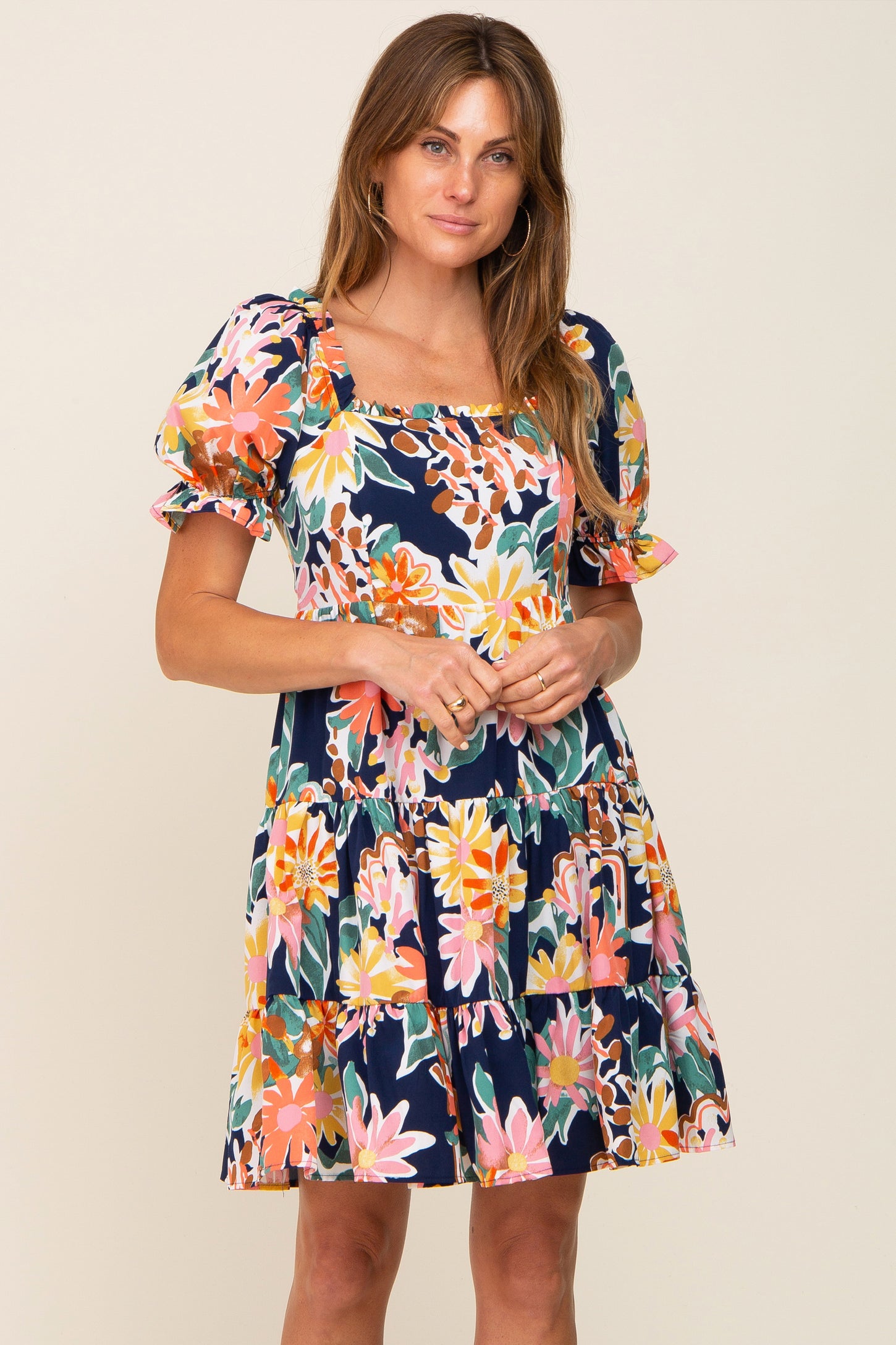 Navy Blue Floral Square Ruffle Neck Tiered Short Sleeve Dress