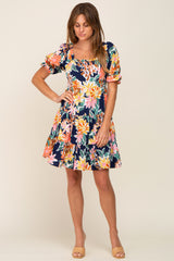 Navy Blue Floral Square Ruffle Neck Tiered Short Sleeve Dress