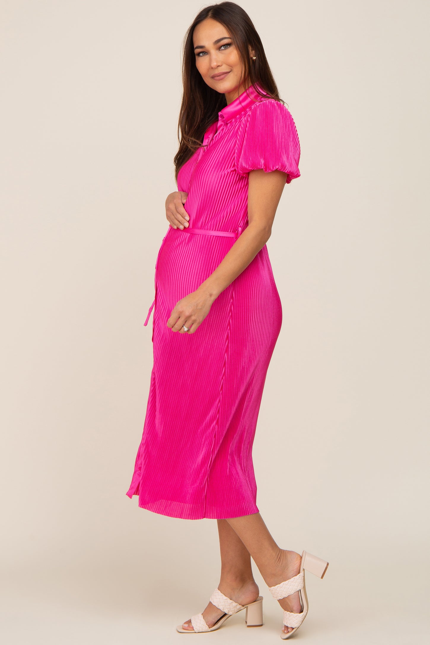 Fuchsia Pleated Button-Down Collared Maternity Midi Dress