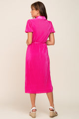 Fuchsia Pleated Button-Down Collared Midi Dress