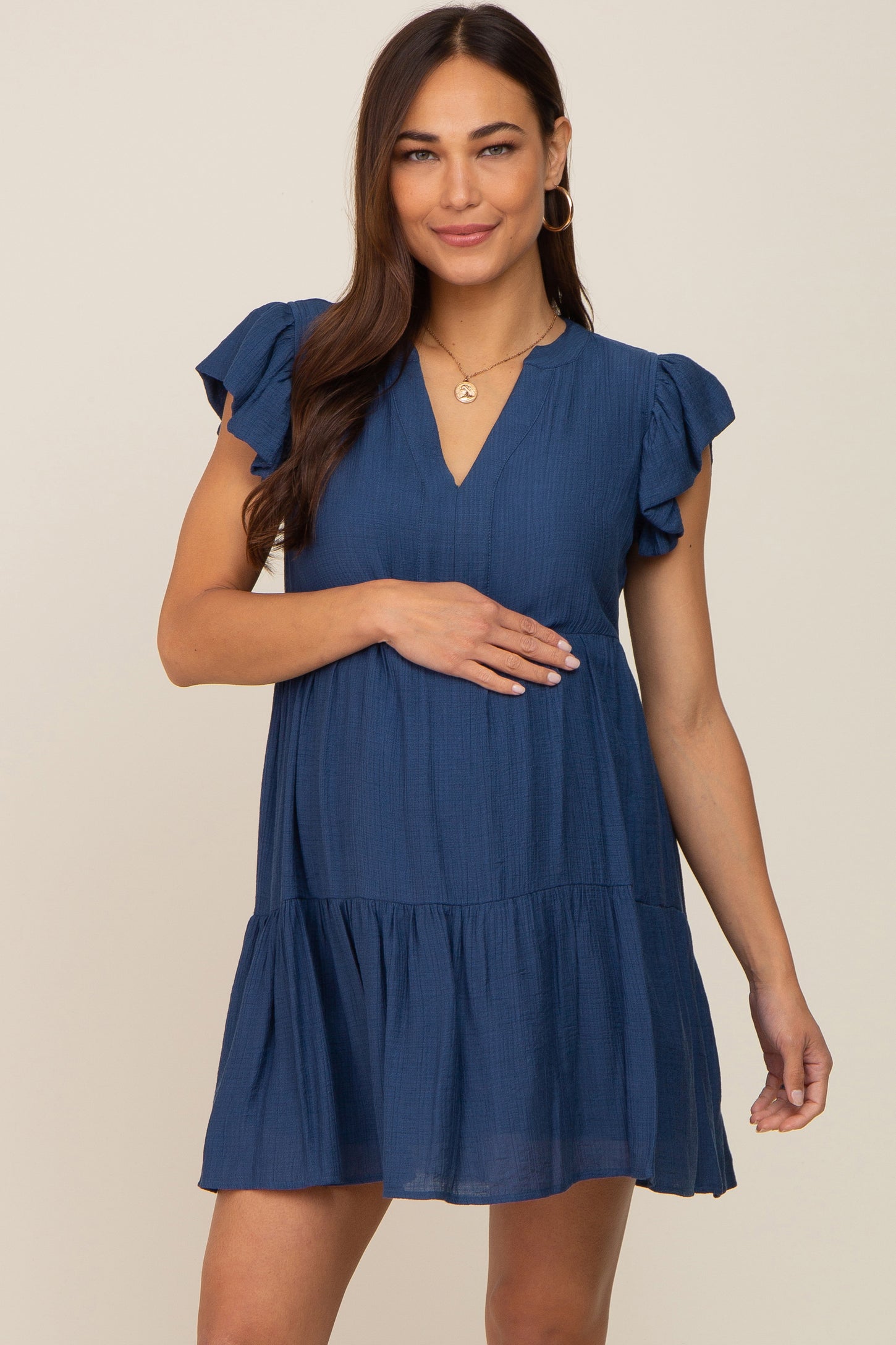 Navy Blue Ruffle Sleeve Tiered Maternity Dress