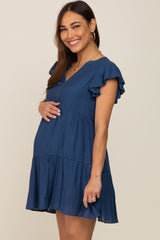 Navy Blue Ruffle Sleeve Tiered Maternity Dress