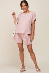 Light Pink  Short Cuffed Sleeve Top and Short Maternity Set