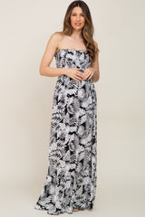 Black Leaf Print Smocked Strapless Maternity Maxi Dress