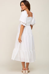 White Smocked Puff Sleeve Maternity Midi Dress