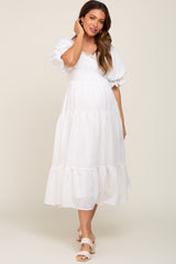 White Smocked Puff Sleeve Maternity Midi Dress