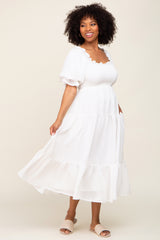 White Smocked Puff Sleeve Maternity Midi Dress