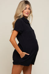 Black Denim Button Front Short Sleeve Maternity Romper