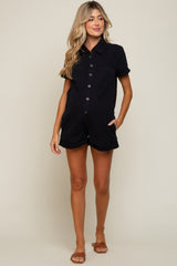 Black Denim Button Front Short Sleeve Maternity Romper