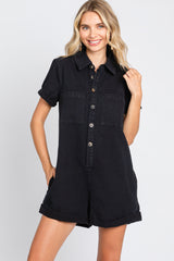 Black Denim Button Front Short Sleeve Romper