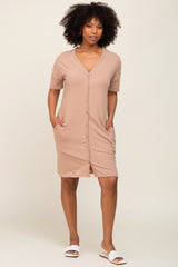 Taupe Button Accent Short Sleeve Maternity Dress