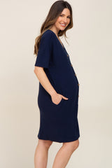 Navy Button Accent Short Sleeve Maternity Dress