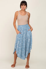 Blue Floral Smocked Round Hem Midi Skirt