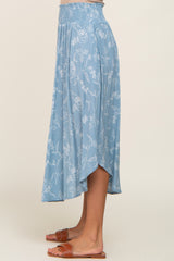 Blue Floral Smocked Round Hem Midi Skirt