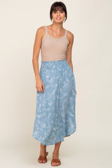 Blue Floral Smocked Round Hem Midi Skirt