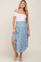 Blue Floral Smocked Round Hem Maternity Midi Skirt