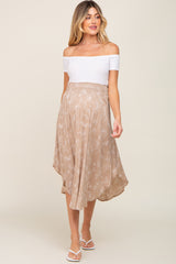 Taupe Floral Smocked Round Hem Maternity Midi Skirt