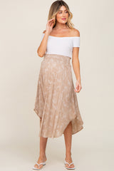 Taupe Floral Smocked Round Hem Maternity Midi Skirt