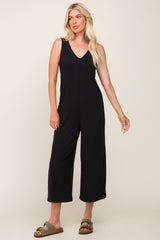 Black Ribbed V-Neck Button Front Crop Maternity Jumpsuit