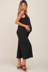 Black Ribbed V-Neck Button Front Crop Maternity Jumpsuit