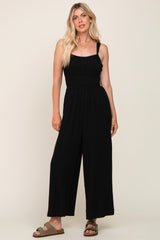 Black Smocked Square Neck Sleeveless Linen Jumpsuit