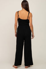 Black Smocked Square Neck Sleeveless Linen Maternity Jumpsuit