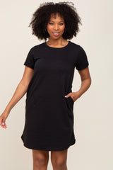 Black French Terry Cuffed Short Sleeve Maternity Dress