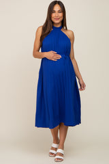 Royal Blue Pleated Halter Maternity Midi Dress