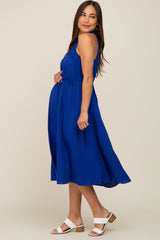 Royal Blue Pleated Halter Maternity Midi Dress