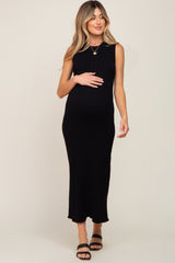 Black Cable Knit Sleeveless Maternity Midi Sweater Dress