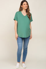 Green V-Neck Short Sleeve Curved Hem Maternity Top