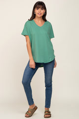 Green V-Neck Short Sleeve Curved Hem Top