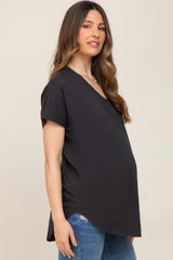 Black V-Neck Short Sleeve Curved Hem Maternity Top