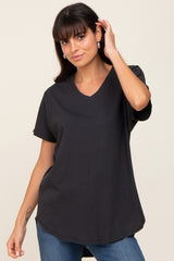 Black V-Neck Short Sleeve Curved Hem Maternity Top