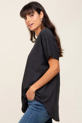 Black V-Neck Short Sleeve Curved Hem Top