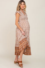 Mocha Printed Colorblock Maternity Midi Dress